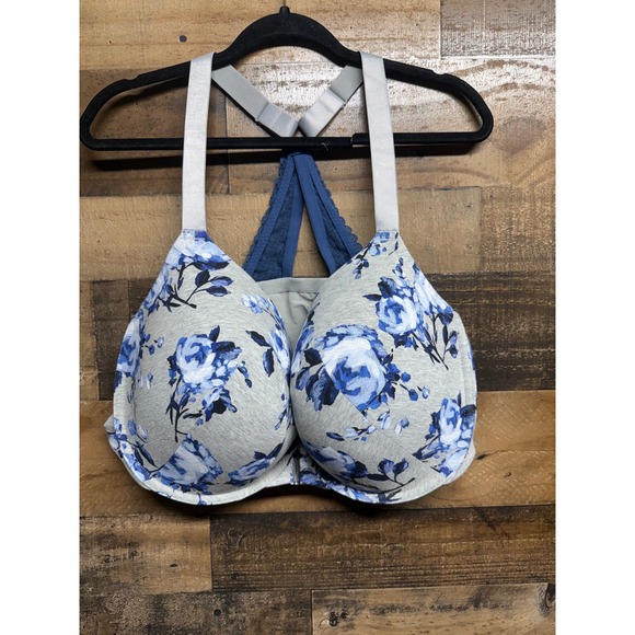 Cacique Other - Cacique Boost Plunge Front Close Racerback Bra Blue Floral Gray 48DDD